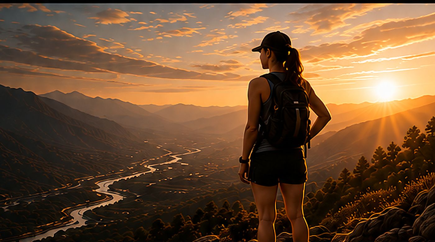 A hiker at a ridge overlooking a river valley at sunset